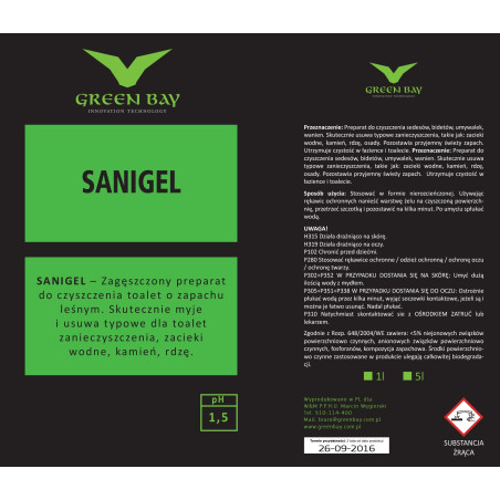 GREEN BAY - SANIGEL - ZAGĘSZCZONY PREPARAT DO CZYSZCZENIA SANITARIATÓW 1L - 5 L