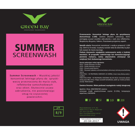GREEN BAY - SUMMER SCREENWASH - LETNI PŁYN DO SPRYSKIWACZY (KONCENTRAT) 1L - 20L