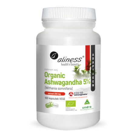 Organic Ashwagandha 5% KSM-66 200mg x 100 VEGE caps.  -  Aliness